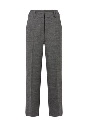 Pantalons gris sur mesure en tissu texturé. Présentent un devant plat, des jambes larges et une taille mi-haute avec passants de ceinture.