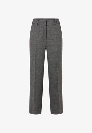 Graue, maßgeschneiderte Hose aus strukturiertem Stoff. Sie verfügt über einen flachen Vorderteil, weite Beine und einen mittelhohen Bund mit Gürtelschlaufen.