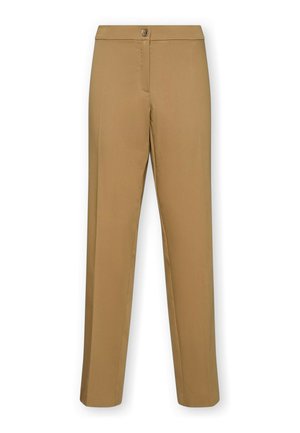 Pantalon beige ajusté, longueur cheville, avec fermeture par bouton et zip, coutures avant, sans poches visibles.