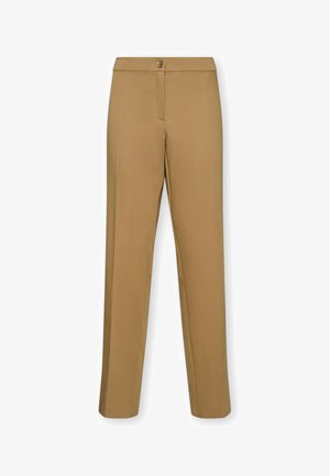 Kapeat, nilkkapituudet beigen väriset housut, joissa on nappi- ja vetoketjusuljenta, etusaumat, eikä näkyviä taskuja.