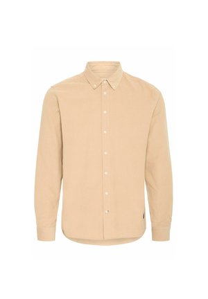 Beige long-sleeve shirt with a button-down collar, front button closure, and rounded hem. Made from a smooth, lightweight fabric.