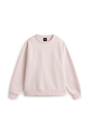 Sweat-shirt Vans rose clair à col rond avec manches longues, poignets et ourlet côtelés, et petit logo brodé sur la poitrine.