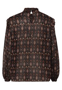 Langärmlige, transparente Bluse mit einem Rüschenausschnitt und einem geometrischen Muster in Braun und Schwarz. Detail mit Schlüsselchen im Rücken, enganliegende Manschetten.