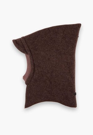 Brown felt balaclava with a unique shape, featuring a cut-out for the face, accented by a soft pink lining and curved edges for comfort.