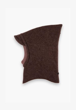 Un balaclava en feutre marron avec une forme unique, présentant une découpe pour le visage, accentué par un doublure rose doux et des bords courbés pour le confort.