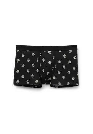 Czarne majtki bokserskie z rozsianymi małymi białymi wzorami czaszek, elastycznym pasem oraz szczegółem w postaci rozkroku, ułożone na białym tle.