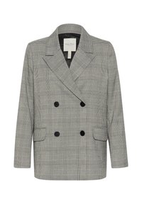 Grau kariertes, doppelt-knopfbares Blazer mit Reverskragen, zwei Fronttaschen und schwarzen Knöpfen. Mittelschwerer Stoff mit glatter Textur.