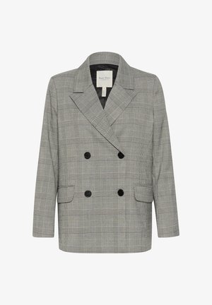 Blazer doppiopetto grigio a quadri con rever, due tasche anteriori e bottoni neri. Tessuto di peso medio con una texture liscia.