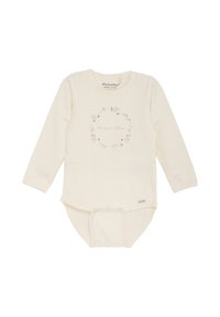 Bodysuit z długim rękawem w kolorze kremowym, wykonany z organicznej bawełny; zdobiony wzorem wieniec kwiatowy z napisem "Kwiat w rozkwicie" na środku.