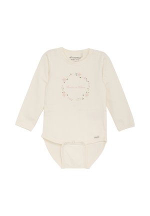 Langemouwige crèmekleurige bodysuit gemaakt van biologisch katoen; heeft een bloemenkransontwerp met de tekst "Flower in Bloom" (Bloem in Bloei) in het midden.