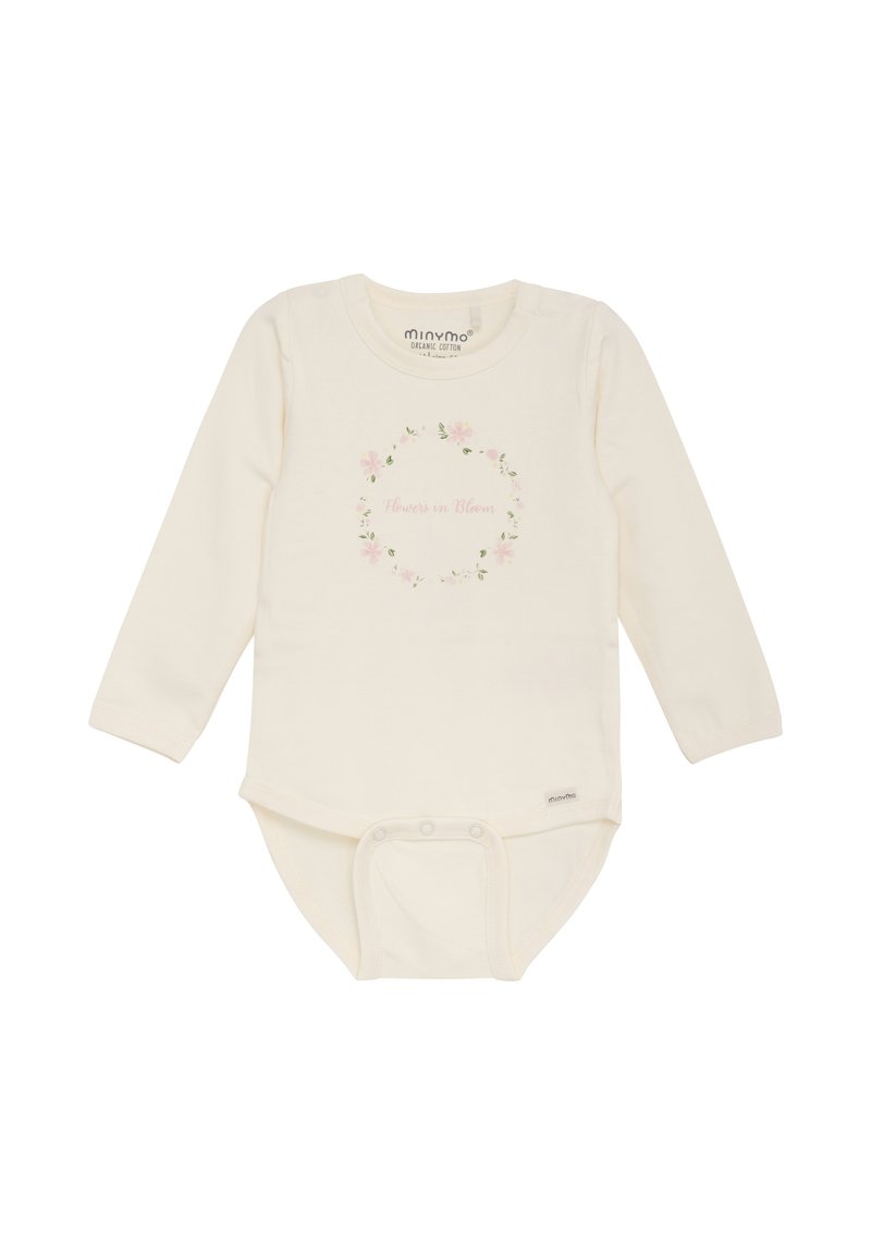 Bodysuit z długim rękawem w kolorze kremowym, wykonany z organicznej bawełny; zdobiony wzorem wieniec kwiatowy z napisem "Kwiat w rozkwicie" na środku.
