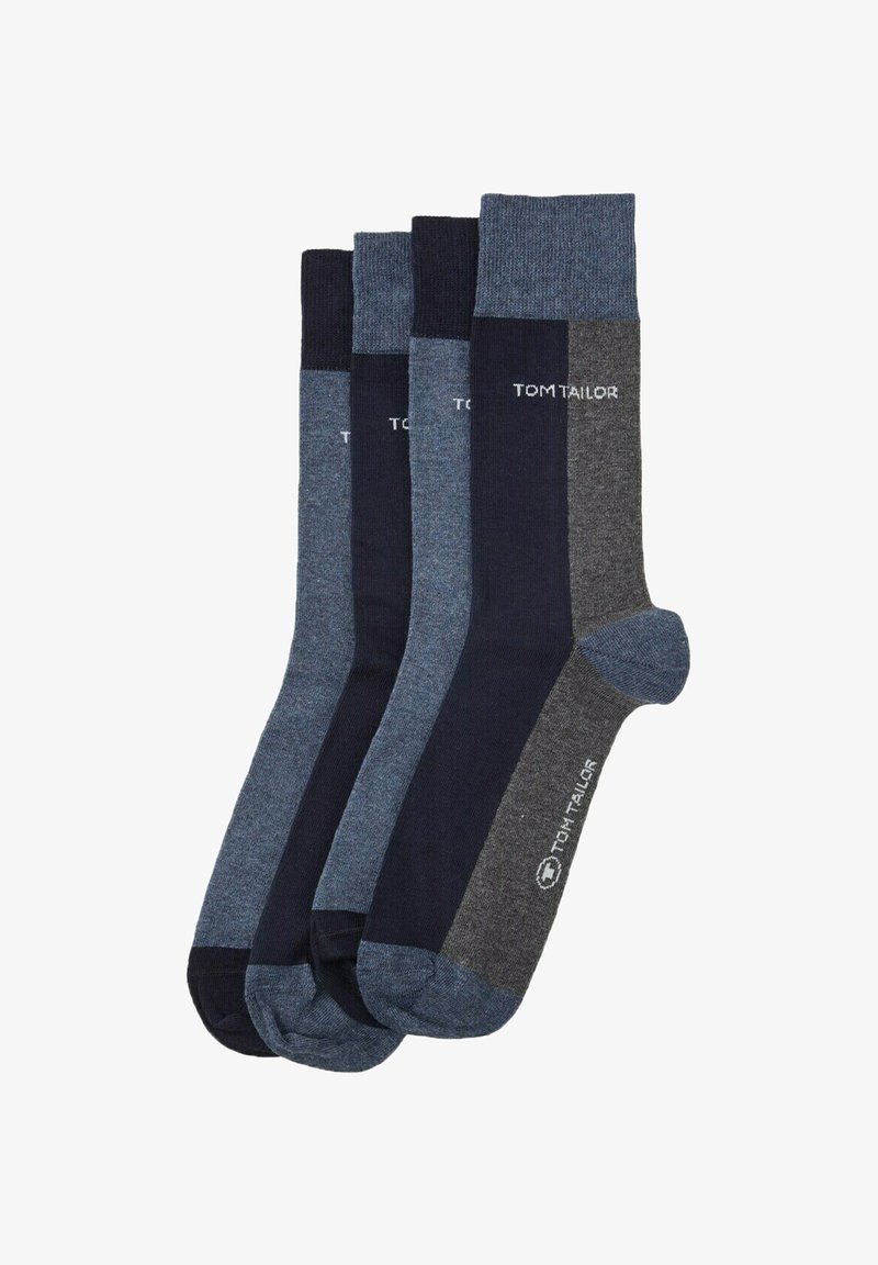 Négy pár sötétkék, tengerészkék és szürke árnyalatú zokni szettje. Bordás mandzsettával és diszkrét márkajelzéssel rendelkezik. Puha textilből készült.