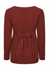 Bordo pika-sleeve topp, millel on tekstureeritud kude, kogutud talje ning seotud lipsu detail seljaosas.