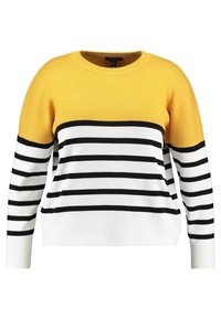 Pull rayé jaune et blanc avec des rayures horizontales noires, texture côtelée, encolure ronde et manches longues.