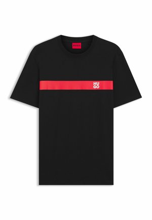 Black cotton t-shirt featuring a horizontal red stripe and white "HUGO" logo on the left side. Standard crew neck, short sleeves.