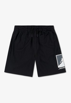 Pantalones cortos atléticos de malla negra con cinturilla elástica y cordón, que presentan un logo blanco de Jumpman en la parte inferior de la pierna derecha.