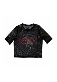 Black mesh crop top with a round neckline, short sleeves, and brown splatter patterns; features "SLAYER" in bold red lettering.
