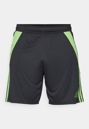 Shorts de sport noirs avec des accents et des rayures vertes sur les côtés. Fabriqués en matériau léger, dotés d'une taille élastique pour plus de confort.