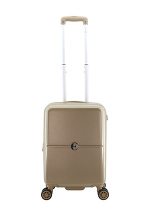 Hartschalenkoffer in metallischem Gold mit glatter Oberfläche, ausziehbarem weißen Griff und vier Rädern für eine einfache Mobilität.