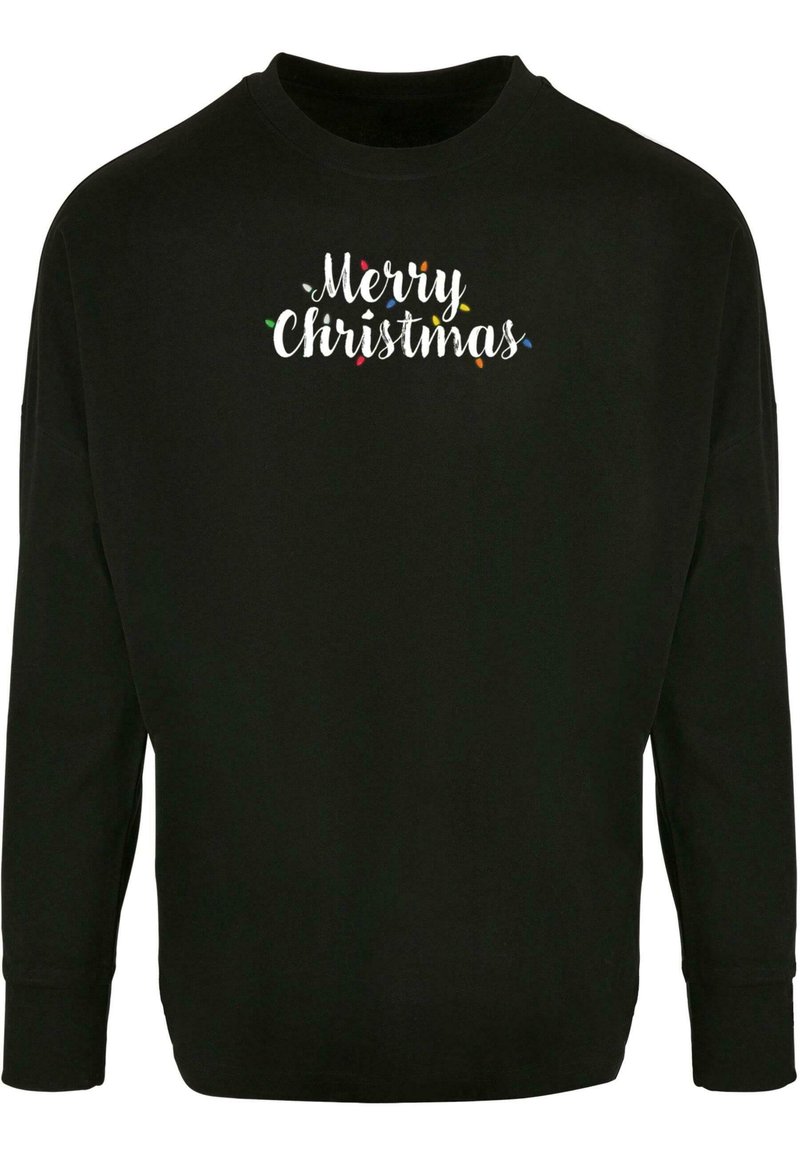 Svart langermet sweatshirt med teksten "God Jul" i hvit skrift, utsmykket med fargerike julelys i et festlig design.