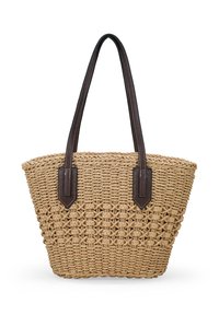 Bolsa de palma tejida en color natural, con asas de cuero marrón oscuro y acentos de costura, además de un diseño de base texturizada.