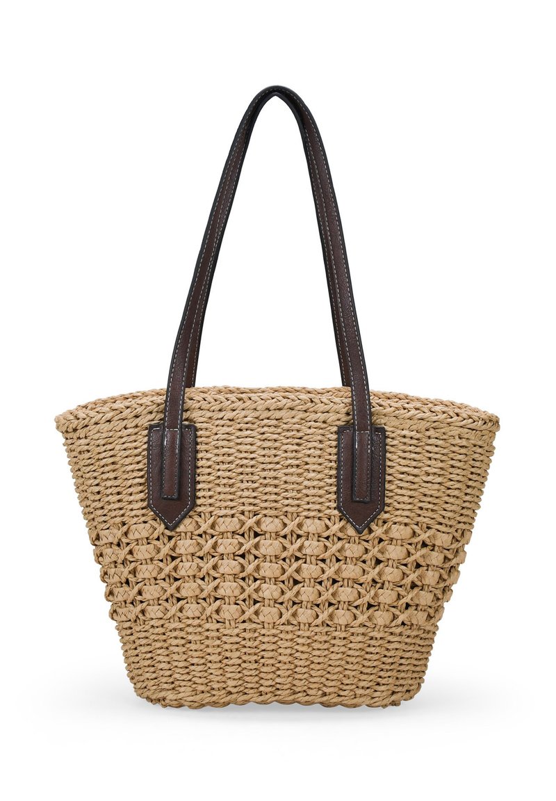 Bolsa de palma tejida en color natural, con asas de cuero marrón oscuro y acentos de costura, además de un diseño de base texturizada.