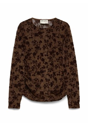 Tamsiai ruda ilgomis rankovėmis palaidinė iš minkštos medžiagos su šiek tiek iškilusia gėlių raštu. Apvali kaklo linija su surinktais šonais.