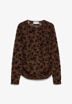 Tamsiai ruda ilgomis rankovėmis palaidinė iš minkštos medžiagos su šiek tiek iškilusia gėlių raštu. Apvali kaklo linija su surinktais šonais.