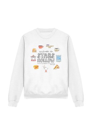 White sweatshirt with "Welcome to Stars Hollow" text, coffee cups, burger, pizza, takeout box, gazebo, and Luke's Diner symbols from Gilmore Girls.