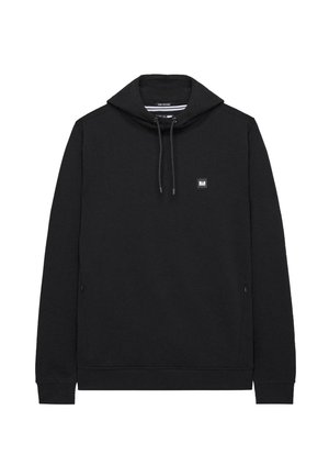 Sudadera negra de tejido suave con cuello alto. Presenta un pequeño logo, cordones y bolsillos laterales. Diseño simple y moderno.