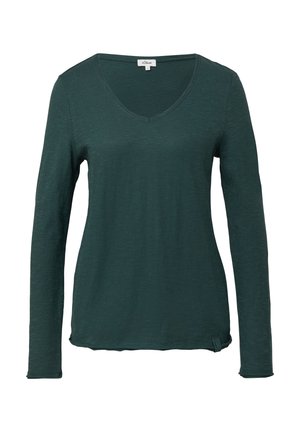 Donkergroene lange mouwen V-halsshirt voor dames met een subtiele textuur en een klein labeltje vlakbij de onderste zoom.