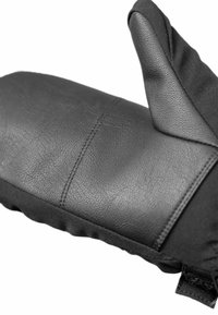 Schwarzer Ofenhandschuh mit einer strukturierten Lederoberfläche, gepolstertem Stoffboden und Daumenverlängerung für besseren Griff. Nähte sind entlang der Kanten sichtbar.