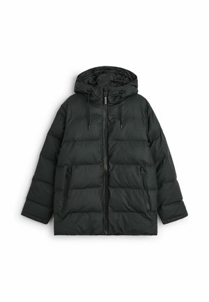 Black puffer jacket with a hood, quilted design, two zippered front pockets, and adjustable drawstrings on the hood and hem.