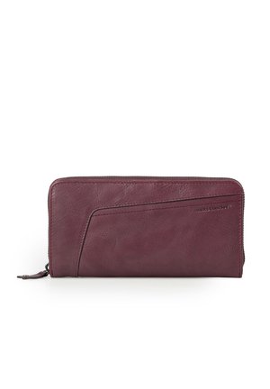 Rectangular maroon leather zippered wallet with angled front pocket detail and subtle brand embossing on white background.