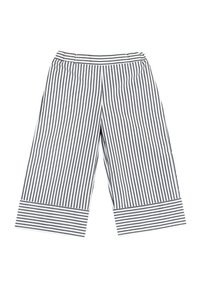 Culotte a righe con strisce verticali blu navy e bianche, gambe larghe, vita alta e orlo con risvolto a righe orizzontali.