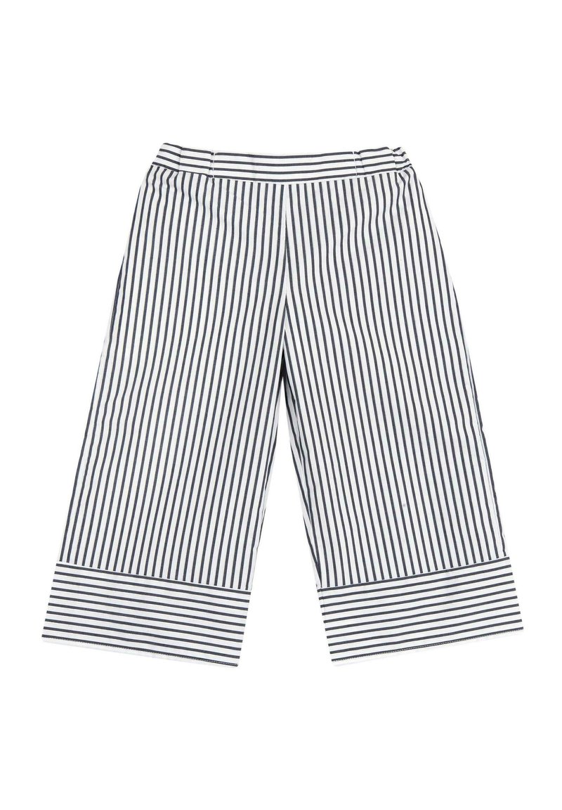 Culotte a righe con strisce verticali blu navy e bianche, gambe larghe, vita alta e orlo con risvolto a righe orizzontali.
