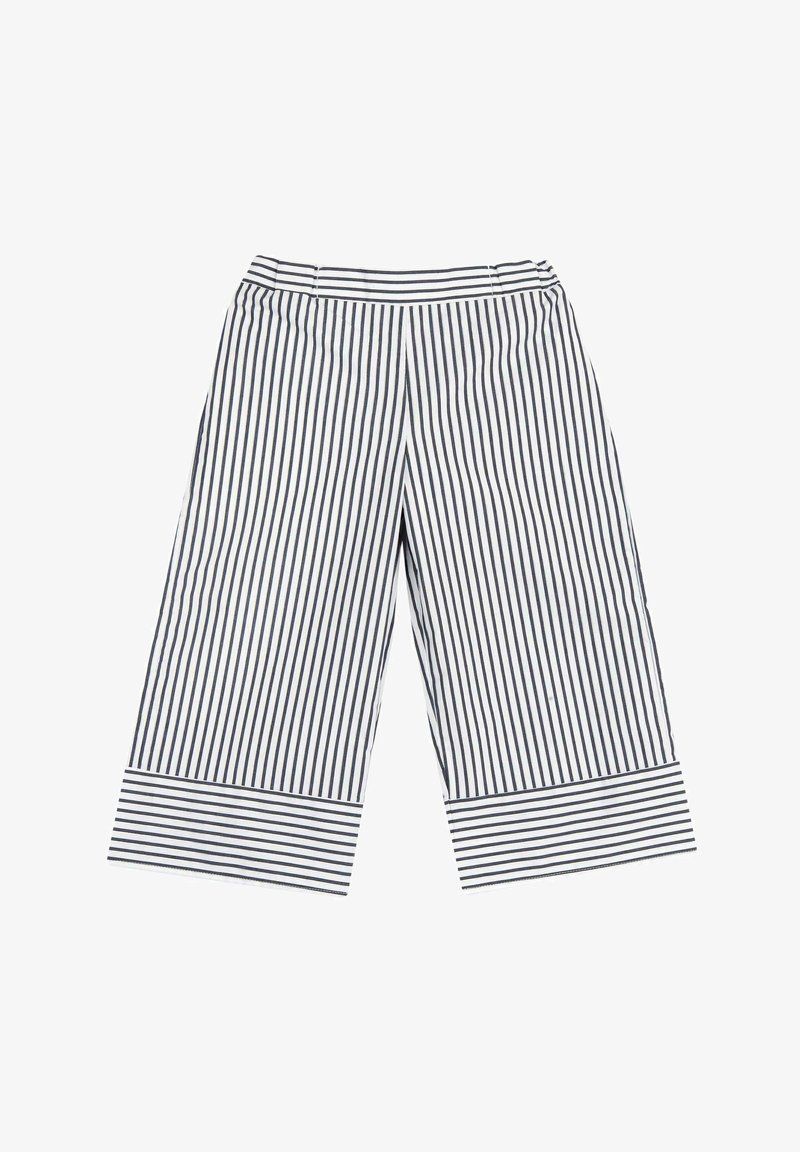 Culotte a righe con strisce verticali blu navy e bianche, gambe larghe, vita alta e orlo con risvolto a righe orizzontali.