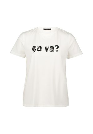 Witte katoenen t-shirt met korte mouwen met zwarte pailletten tekst "ça va?" op de voorkant. Basis ronde hals, relaxte pasvorm.