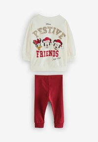 Fehér, hosszú ujjú póló Disney karakterekkel és piros "FESTIVE FRIENDS" felirattal. Piros bordázott leggings.