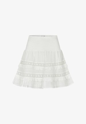 Weißes Baumwollrock mit einem romantischen Gummizug in der Taille, der mit drei Lagen Rüschen und zarten Spitzenverzierungen versehen ist. Der Stoff ist leicht und strukturiert.