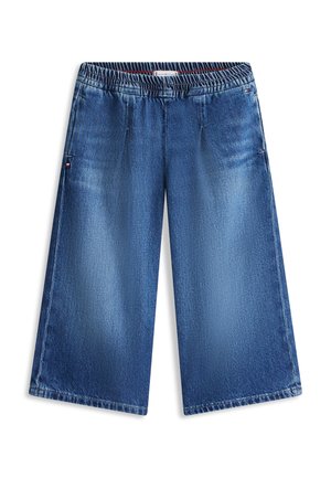 Džínové culottes s elastickým pásom. Svetlomodrá farba, široké nohavice, dve bočné vrecká a jemné vyblednutie. Plochý spodný lem.