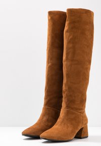 Un par de botas altas de ante marrón con puntas afiladas y tacones cuadrados, de pie sobre una superficie blanca frente a un fondo claro.