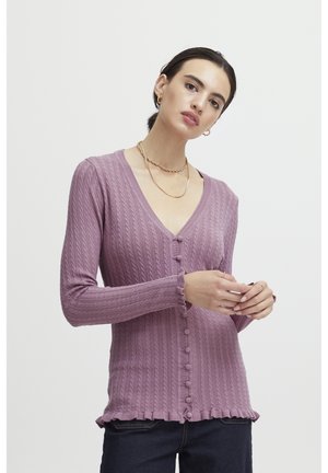Light purple ribbed cardigan with a V-neck, button closure, ruffled hem, and long sleeves, featuring a textured pattern.