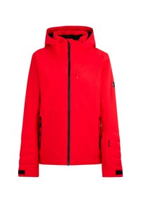 Red hooded winter jacket with black zipper, zippered chest and side pockets, and adjustable cuffs with Velcro straps.