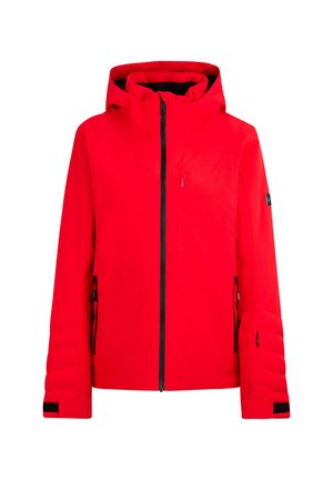 Rote Winterjacke mit Kapuze, schwarzem Reißverschluss, mit Reißverschluss versehenen Brust- und Seitentaschen sowie verstellbaren Bündchen mit Klettverschlüssen.