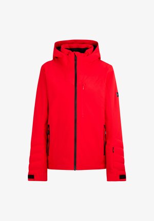 Rote Winterjacke mit Kapuze, schwarzem Reißverschluss, mit Reißverschluss versehenen Brust- und Seitentaschen sowie verstellbaren Bündchen mit Klettverschlüssen.
