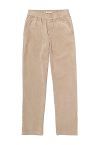 Beige corduroy broek met een relaxte pasvorm, geplooide voorkant, elastische tailleband en twee zijzakken. Zachte textuur met verticale strepen.