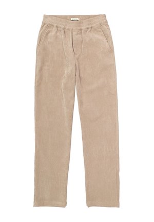 Pantalons en velours côtelé beige avec une coupe décontractée, devant plissé, taille élastique et deux poches latérales. Texture douce avec des rayures verticales.