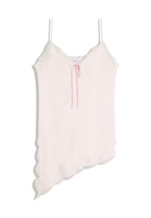 Svetloružová asymetrická camisola s čipkovanou ozdobou a tenkými ramienkami, s detailom viazania vpredu na výstrihu.