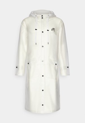 White waterproof raincoat with a hood, featuring black buttons, drawstrings, and two front pockets. Smooth, glossy texture.